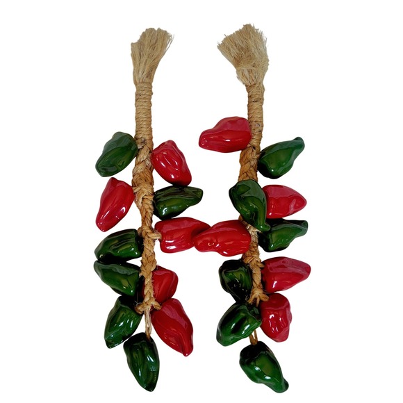 Unbranded Other - Vtg Ceramic Chili Pepper Ristra Set Jute Rope Red Green Southwestern Kitchen 13"